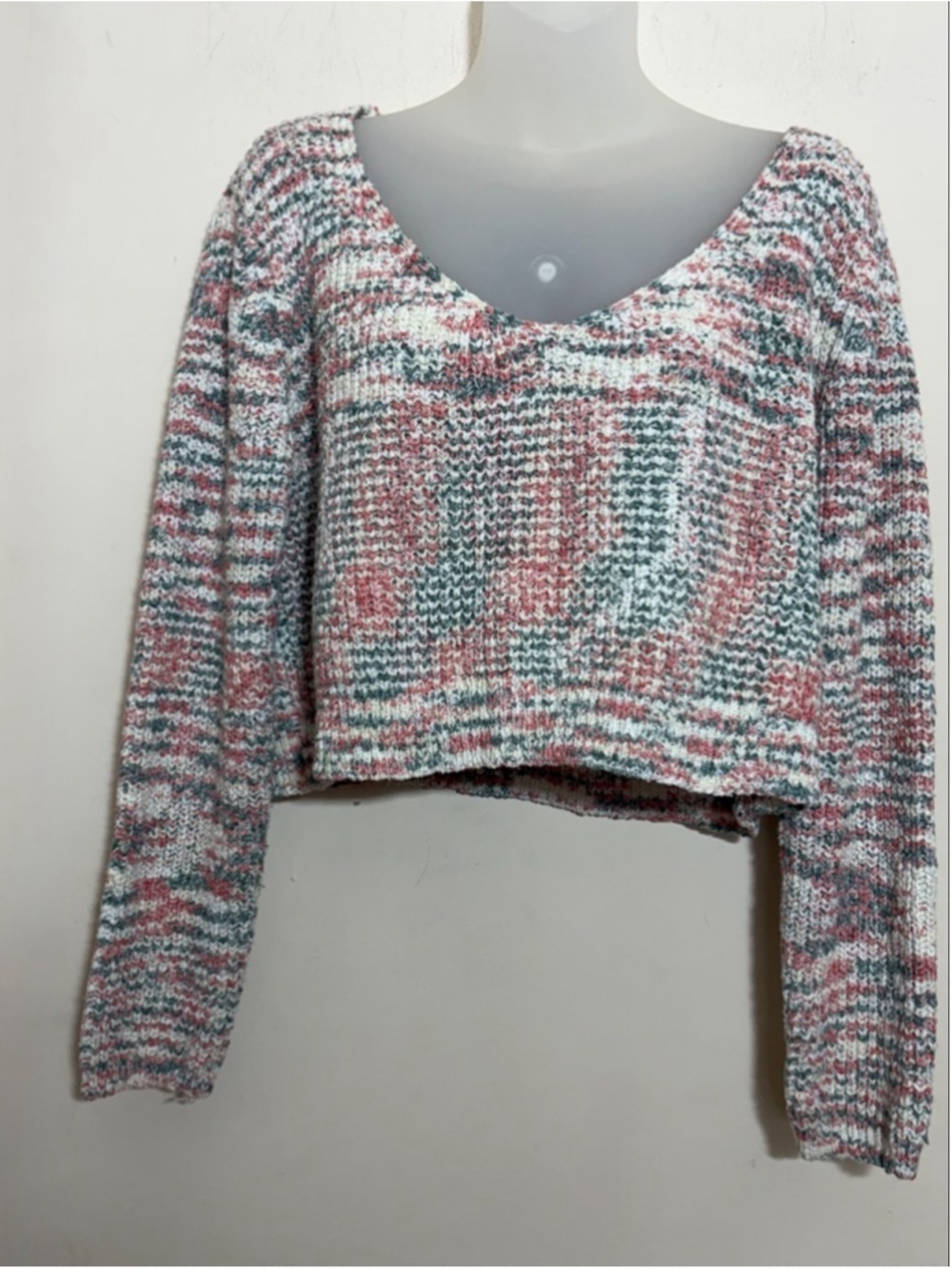LUMIERE Space Dye Cropped Sweater V-Neck Knit Chunky Pastel Pullover Size M